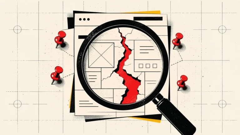 Una lupa descubre una grieta roja en la estructura de una web.