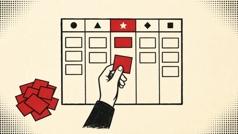 Ilustración editorial de una persona planificando prioridades de contenido en un calendario, en rojo, negro y crema.