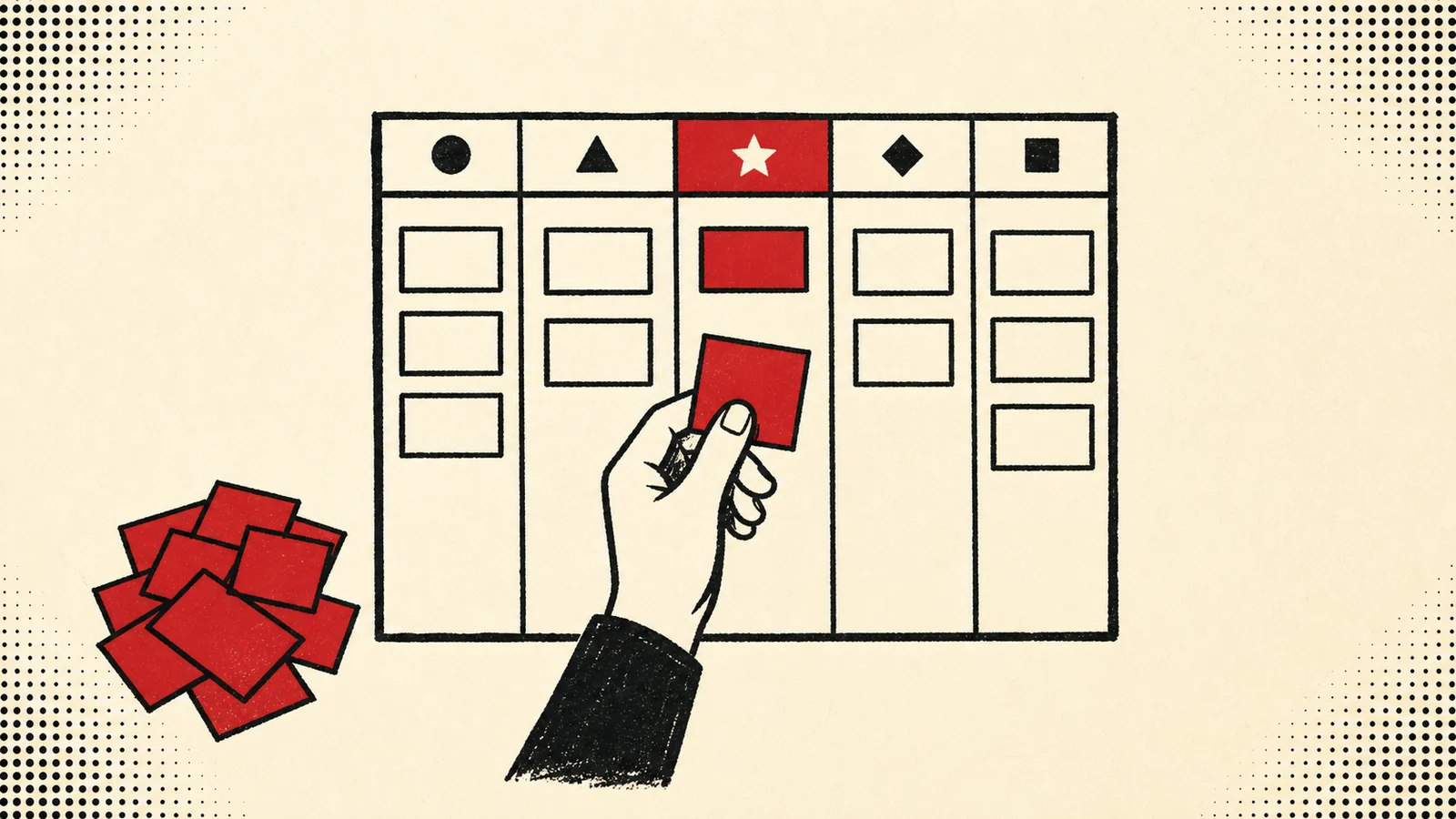 Ilustración editorial de una persona planificando prioridades de contenido en un calendario, en rojo, negro y crema.