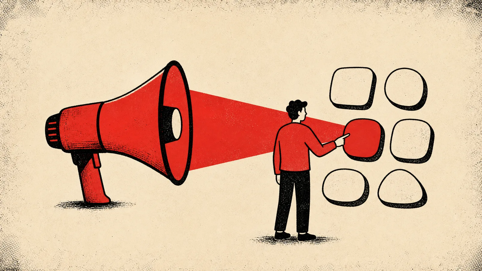 Ilustración editorial de una redactora eligiendo palabras para facilitar una decisión, en rojo, negro y crema.
