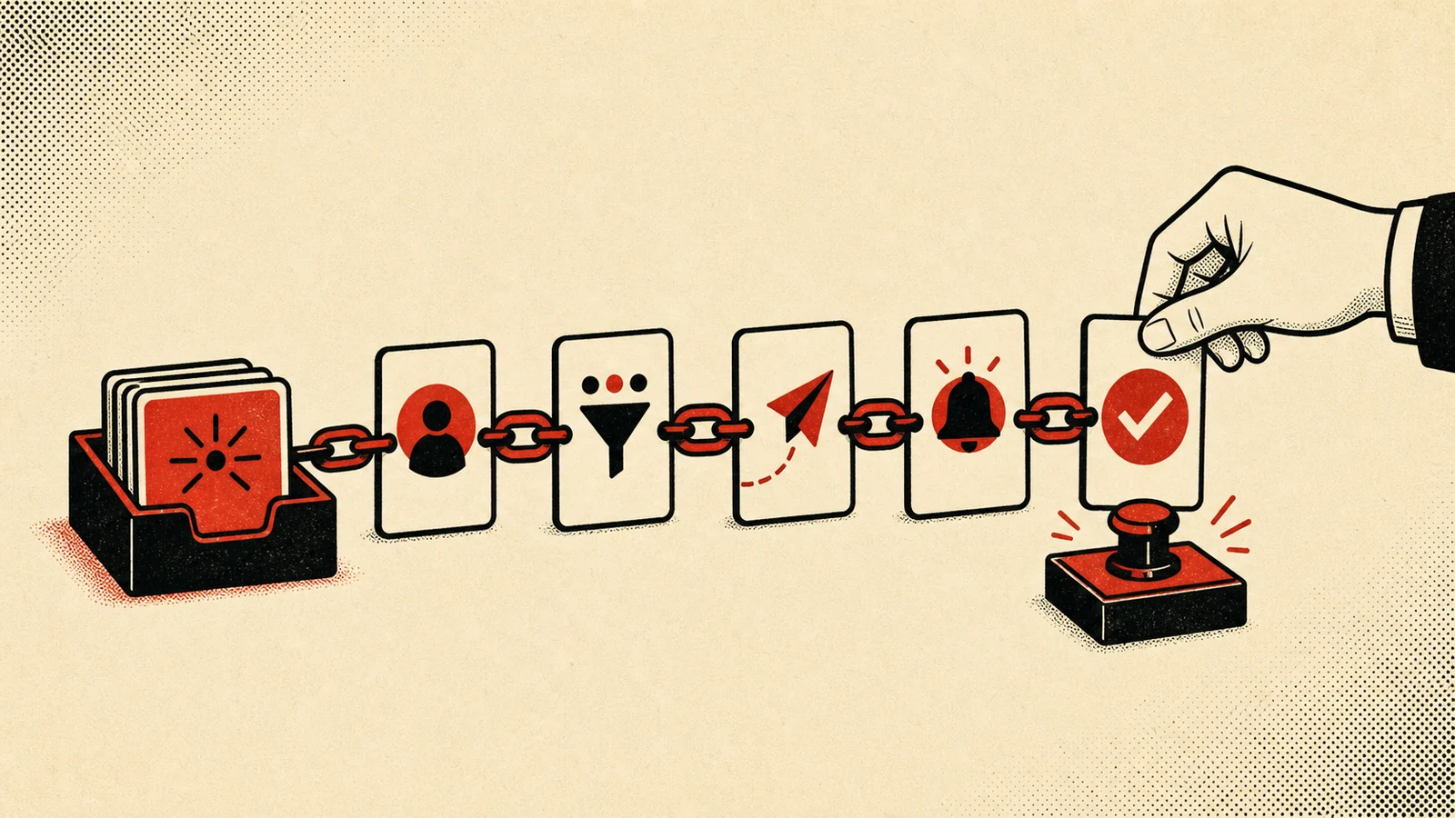 Ilustración editorial de una persona coordinando acciones de marketing automatizadas, en rojo, negro y crema.