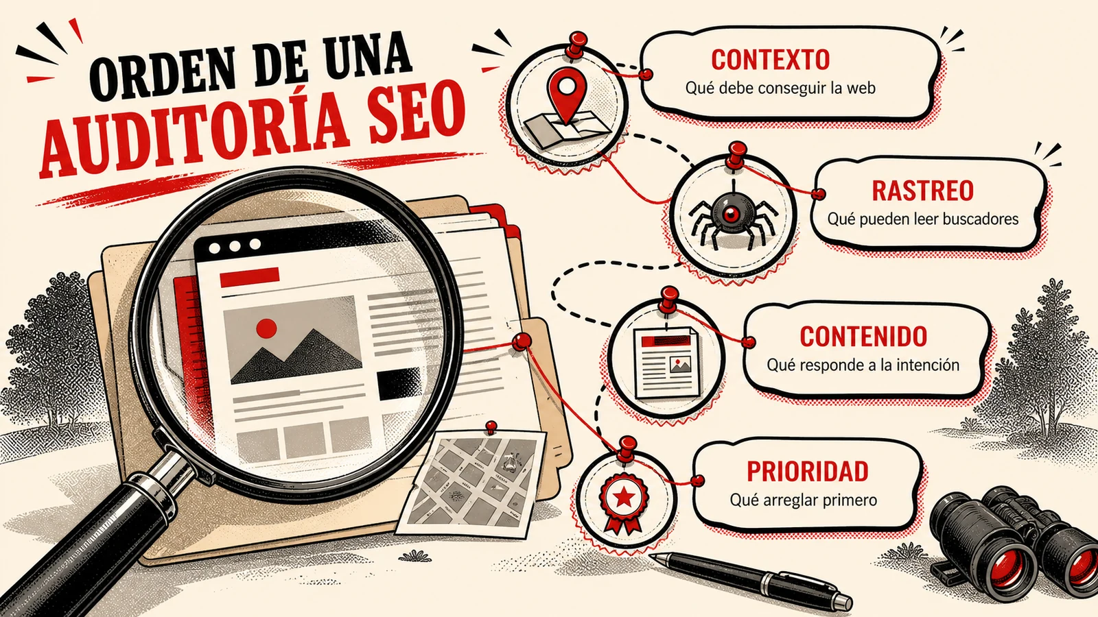 Orden de una auditoría SEO desde el contexto hasta la prioridad.