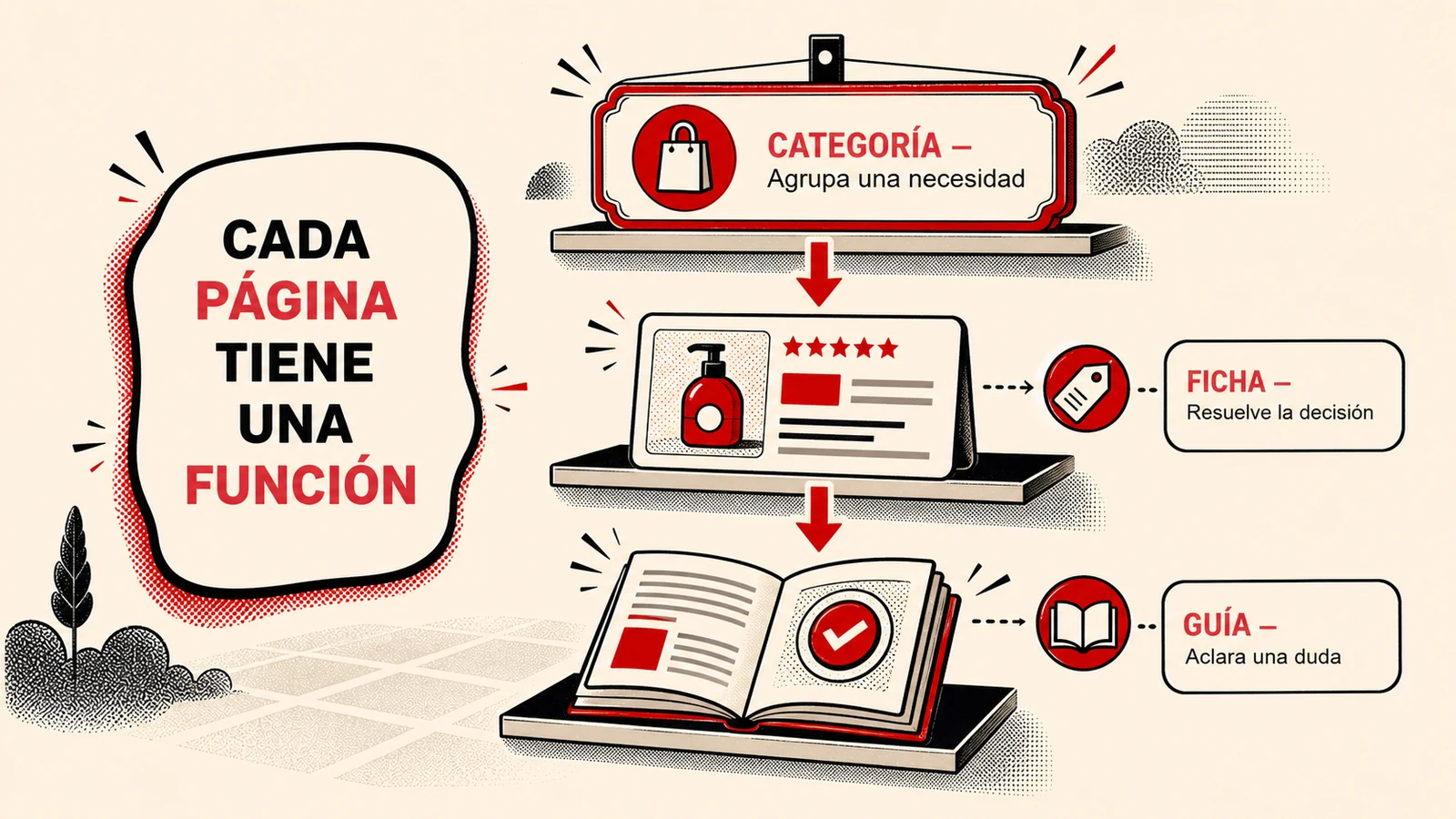 Función de categorías, fichas y guías en un ecommerce.