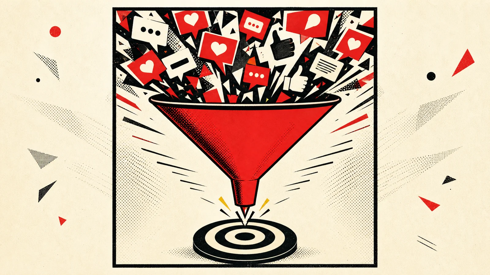 Un embudo filtra el ruido de las redes sociales y lo dirige hacia un objetivo.